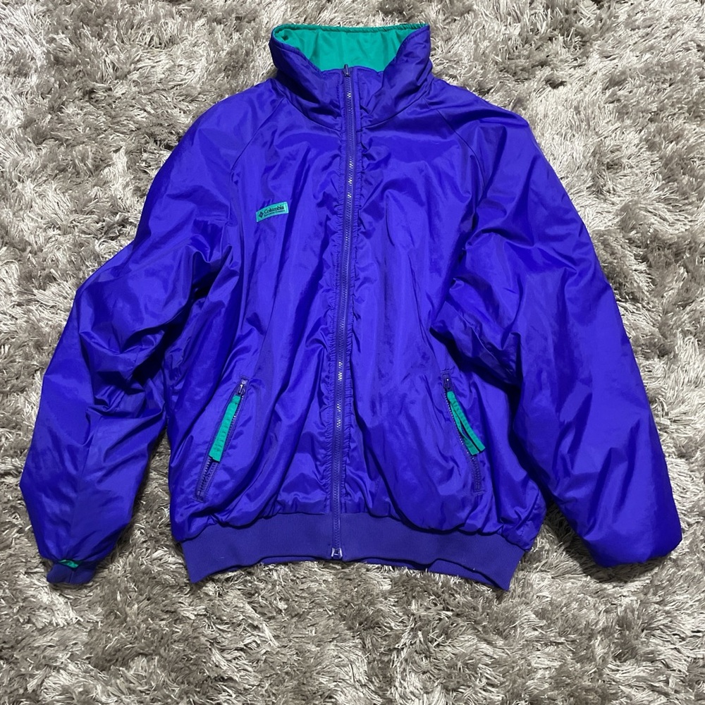 Columbia Purple and Green Puffer Jacket with Weather-Resistant Fabric